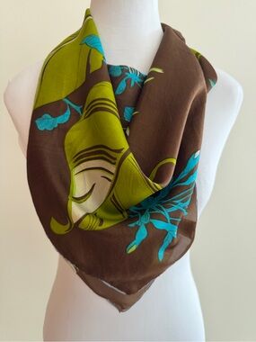 SCARF Square Pure Silk Hand Printed Floral Botanical Floral Leaves Casual Chic